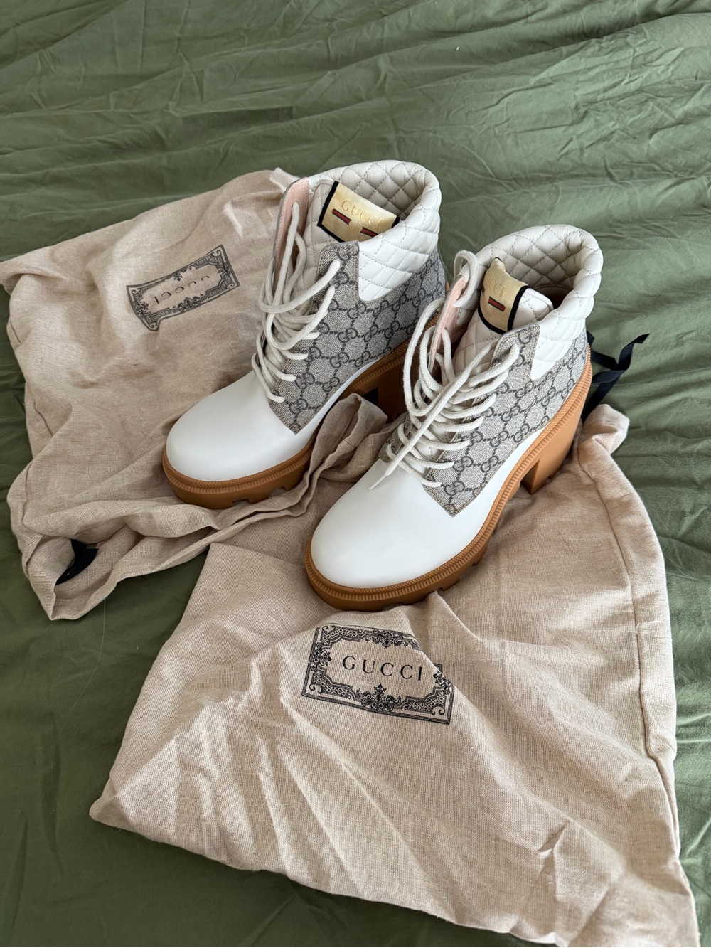 Gucci White, Beige & Tan Quilted GG Lace-Up Ankle Boots